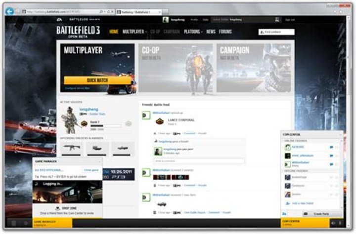 Battlefield 3 PC main menu is Battlelog