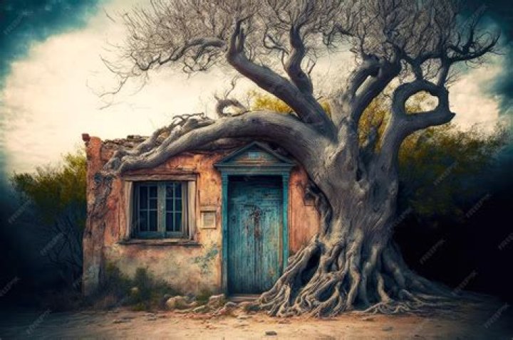 dilapidated house with a tree outside. Two goat heads hang from the tree.