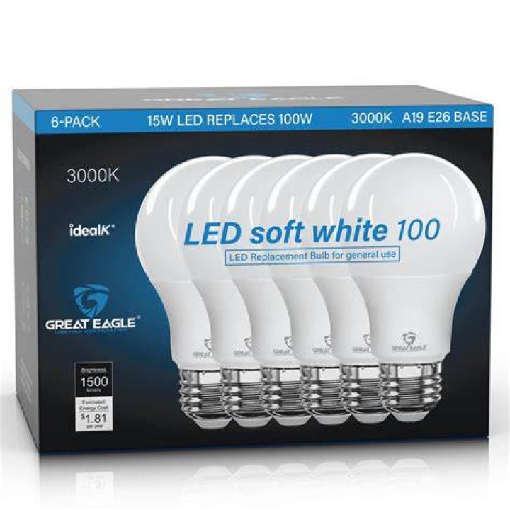 Great Eagle 100W Equivalent LED A19 Light Bulb 1600 Lumens Daylight 5000K Dimmable 15-Watt UL Listed (6-Pack) Great Eagle 100W Equivalent LED A19 Light Bulb 1600 Lumens Daylight 5000K Dimmable 15-Watt UL Listed (6-Pack)
