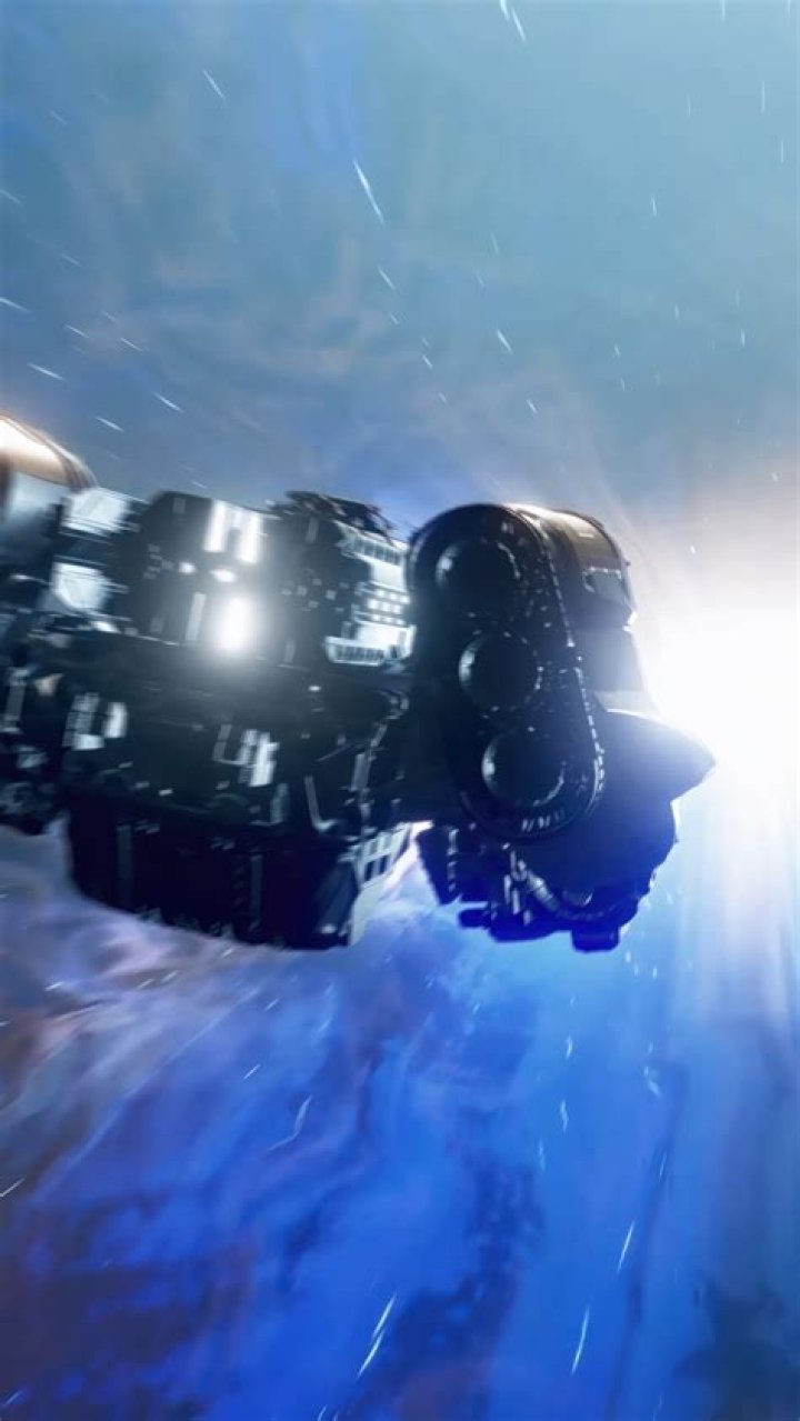 Starfield: a spaceship flying behind an astronaut's shoulder.