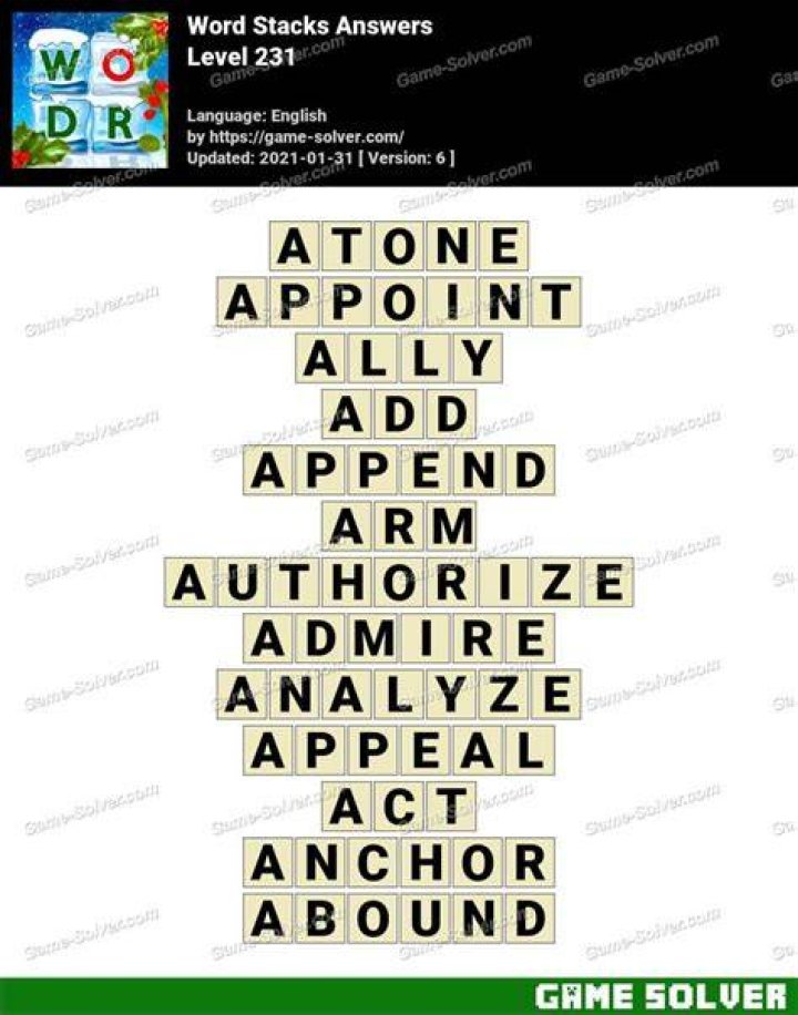 Word Stacks Level 231 Answers Word Stacks Level 231 Answers